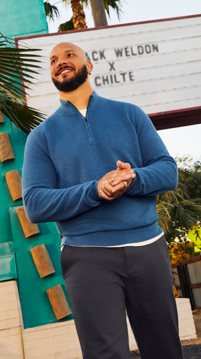 Chef L.T. Smith wearing tech linen quarter-zip