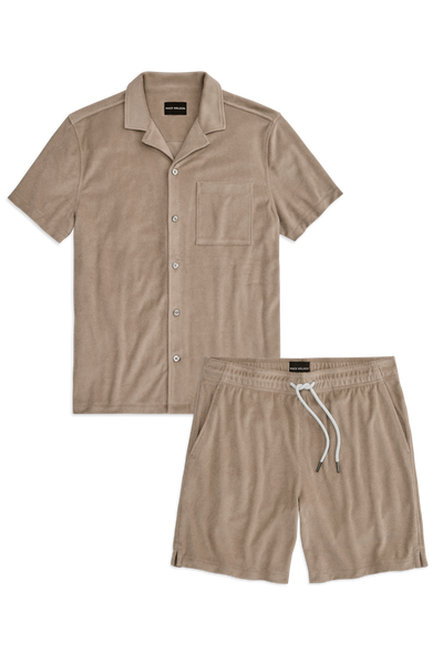 Front view of Terry Cloth Shirt / Shorts Set in Desert Taupe
