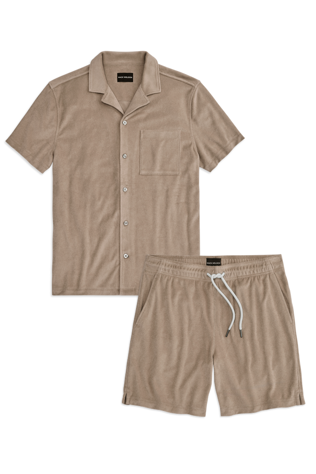 Front view of Terry Cloth Shirt / Shorts Set in Desert Taupe