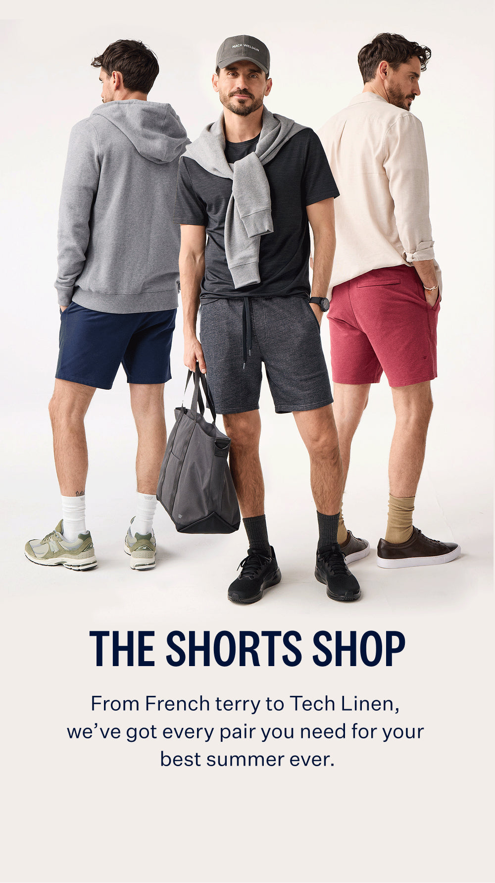 Three men wearing different Mack Weldon shorts collection