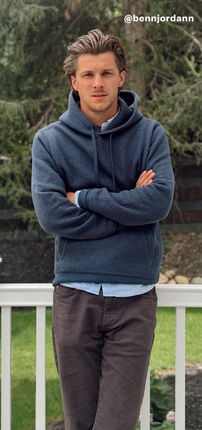 Creator Ben Jordan wearing the Quilted Rib Hoodie